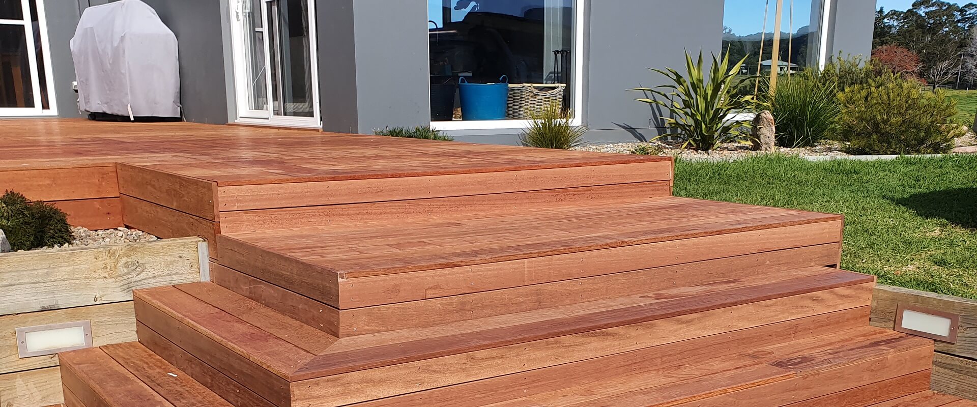 A new timber deck with timber stairs completed for a client in Shoalhaven